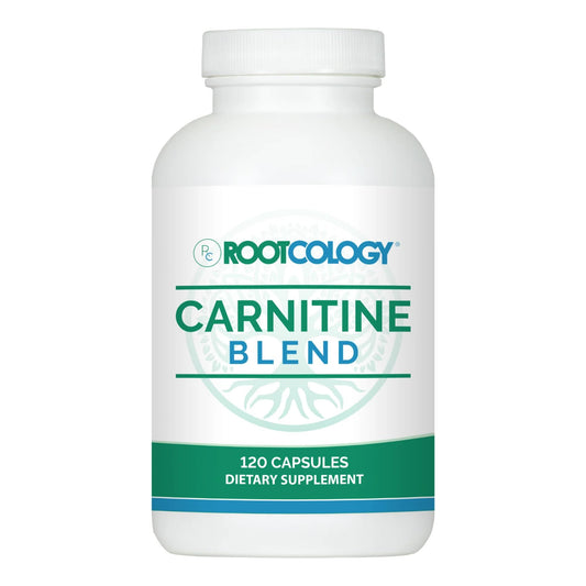 Rootcology Carnitine Blend bottle shows vegetarian-friendly energy support.