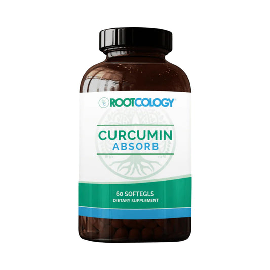Rootcology Curcumin Absorb bottle front, highlighting bioavailable curcuminoids for daily wellness.