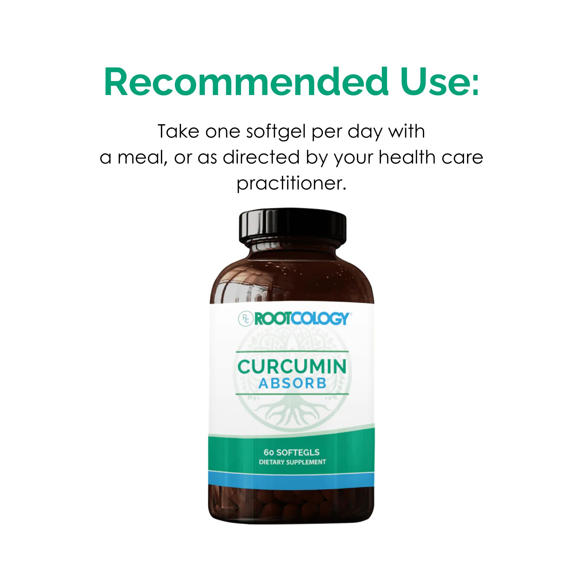 Rootcology Curcumin Absorb pour-out shows softgels ready to take with meals.