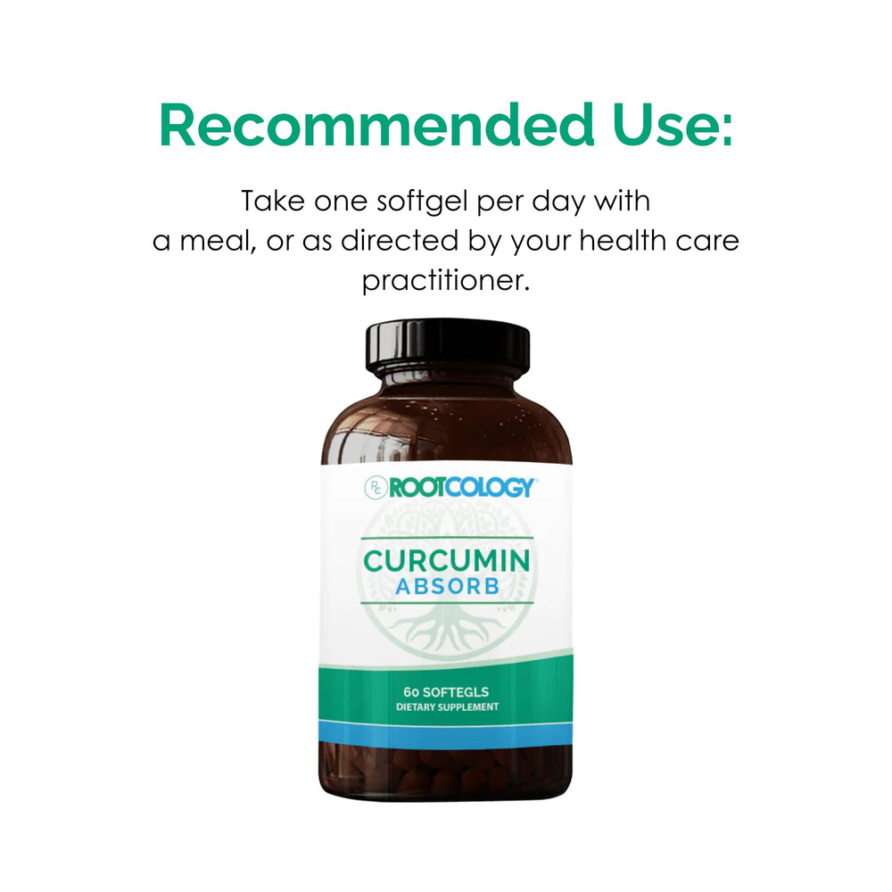 Rootcology Curcumin Absorb pour-out shows softgels ready to take with meals.