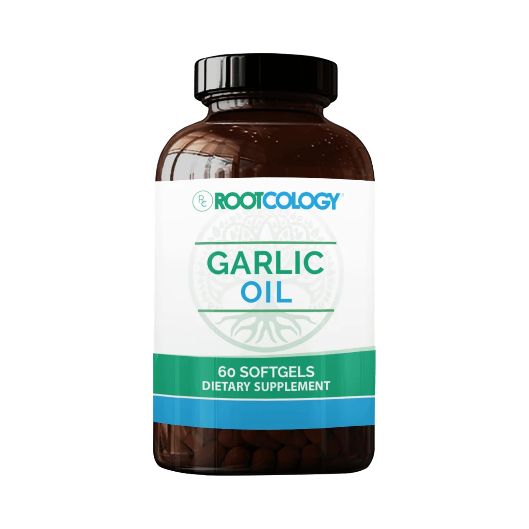 Rootcology garlic oil softgels bottle front for easy daily use.