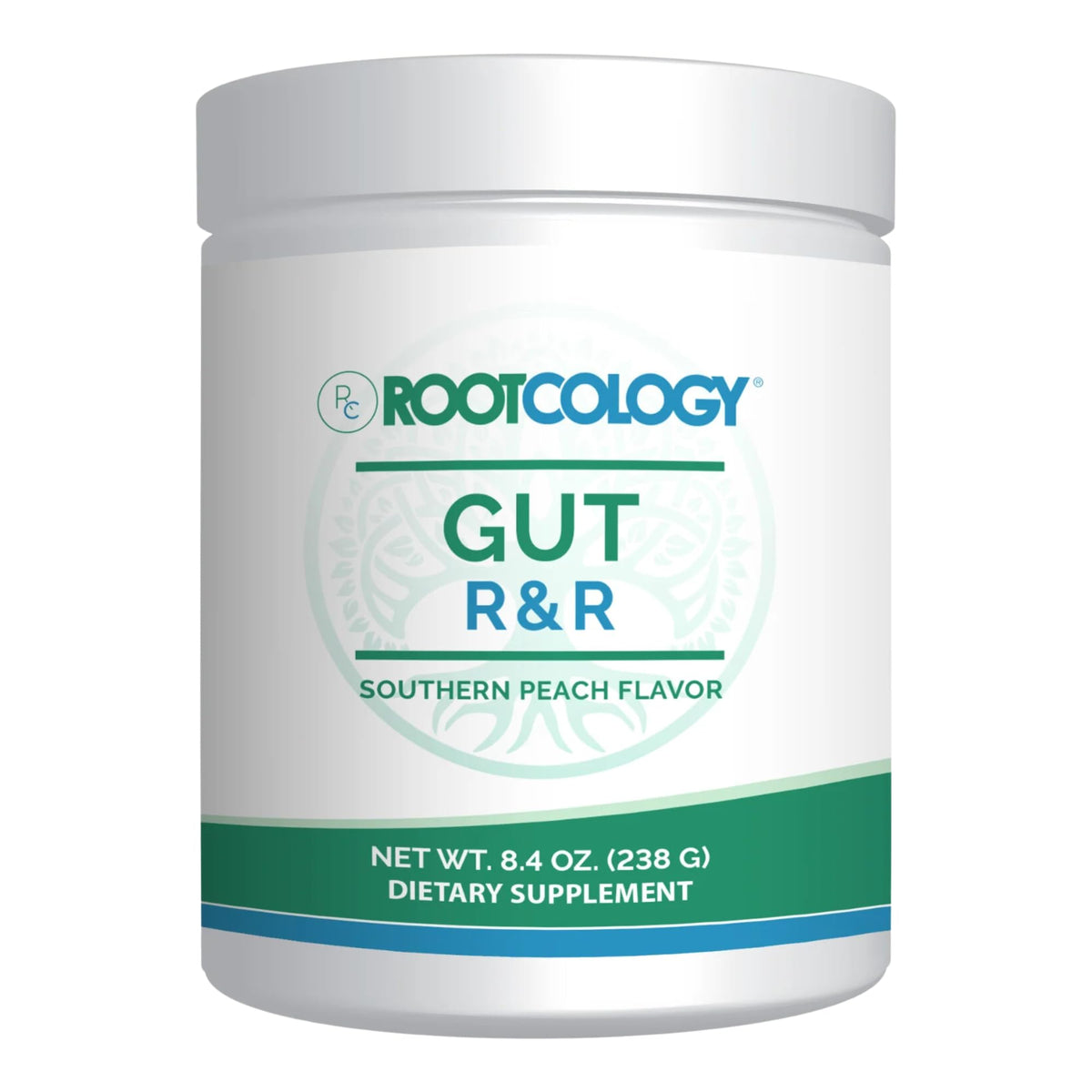 Rootcology Gut R&R packaging front with Southern Peach flavor for a daily digestive routine