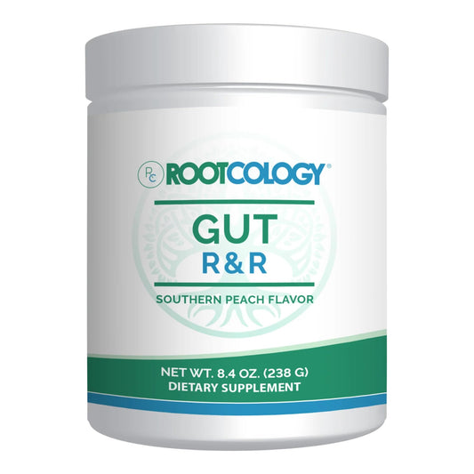 Rootcology Gut R&R packaging front with Southern Peach flavor for a daily digestive routine