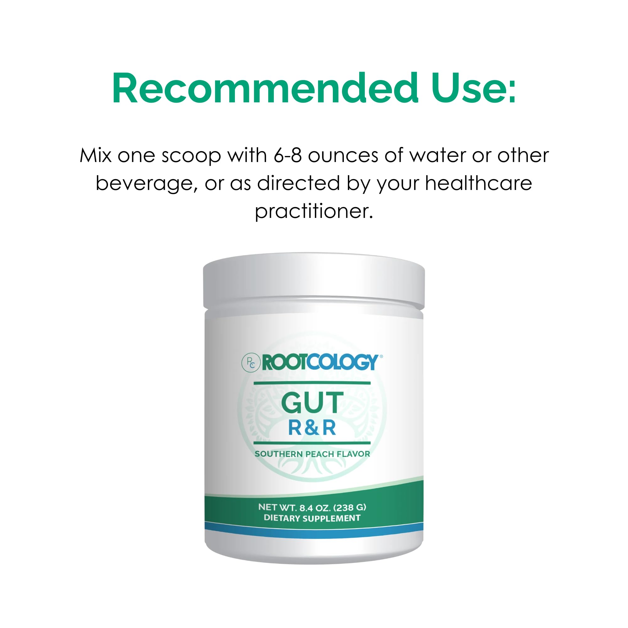 Rootcology Gut R&R serving scoop with 28 servings displayed