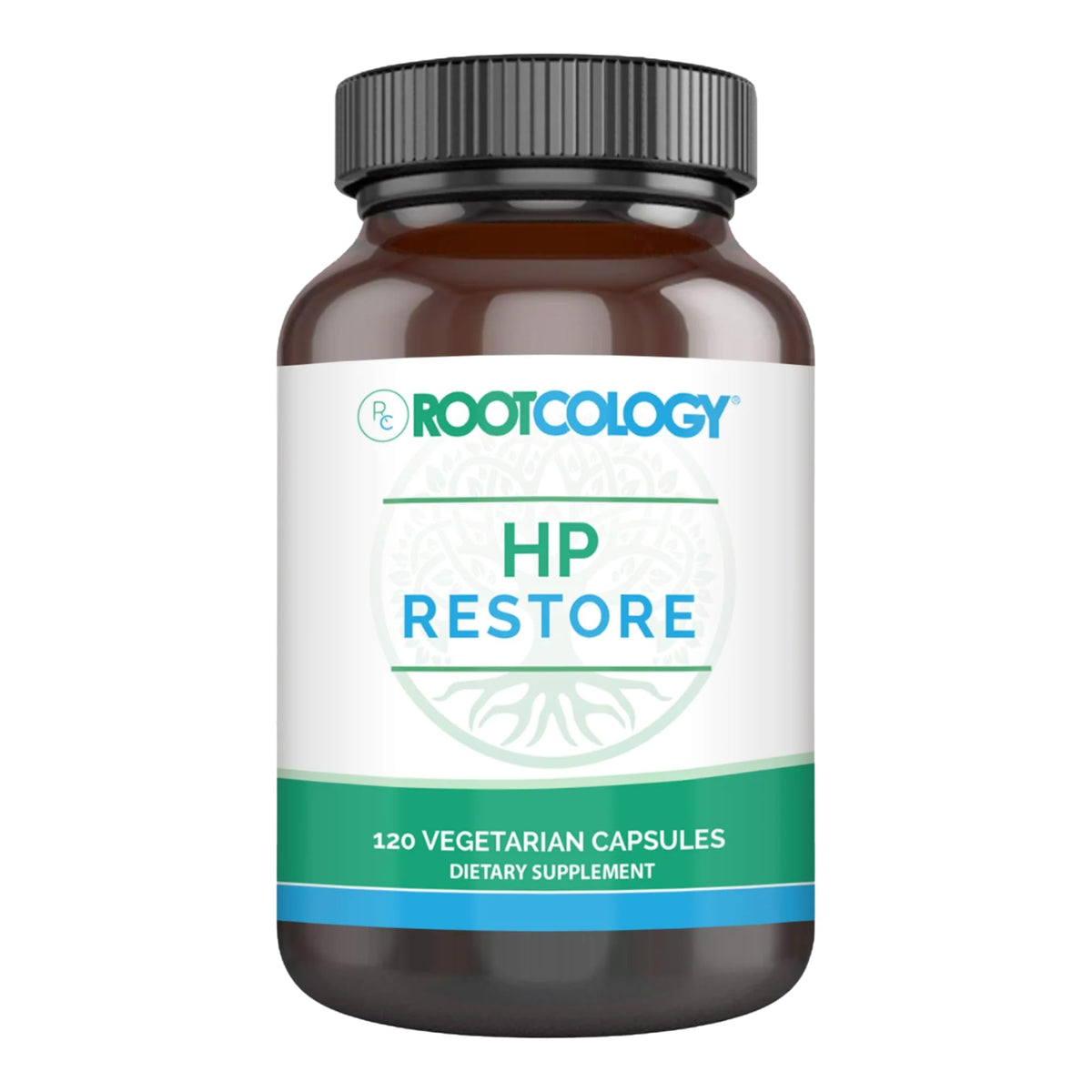 Rootcology HP Restore bottle pour showing digestive comfort support in daily routine