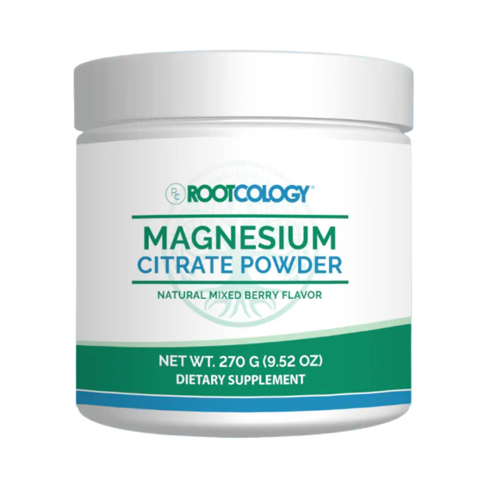 Rootcology magnesium citrate powder jar front with mixed berry flavor, ready for everyday use