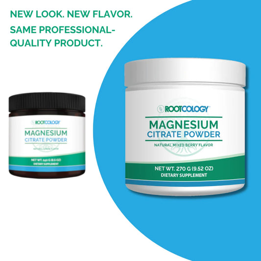 Rootcology magnesium citrate powder jar label showing 300 mg magnesium per serving and regularity focus