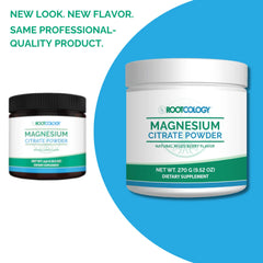 Rootcology magnesium citrate powder jar label showing 300 mg magnesium per serving and regularity focus