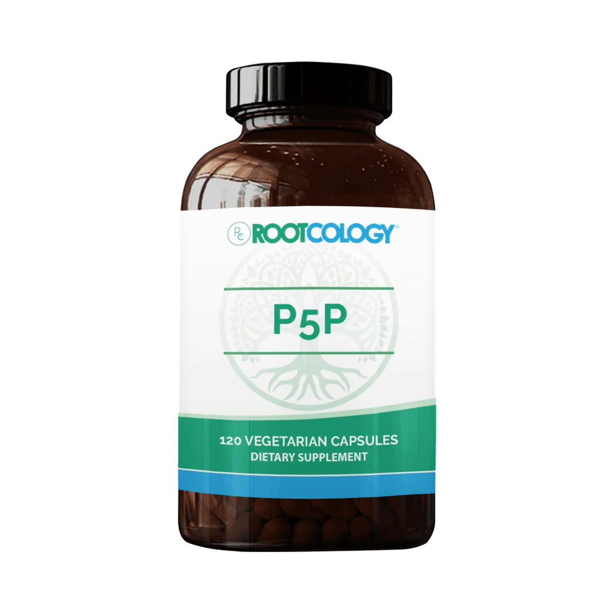 Rootcology P5P bottle cap close-up highlighting an easy to take capsule for daily mood support