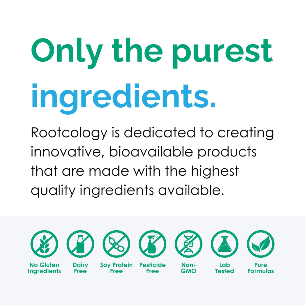 Rootcology P5P bottle label front conveys clean allergen-free formula for mindful daily use