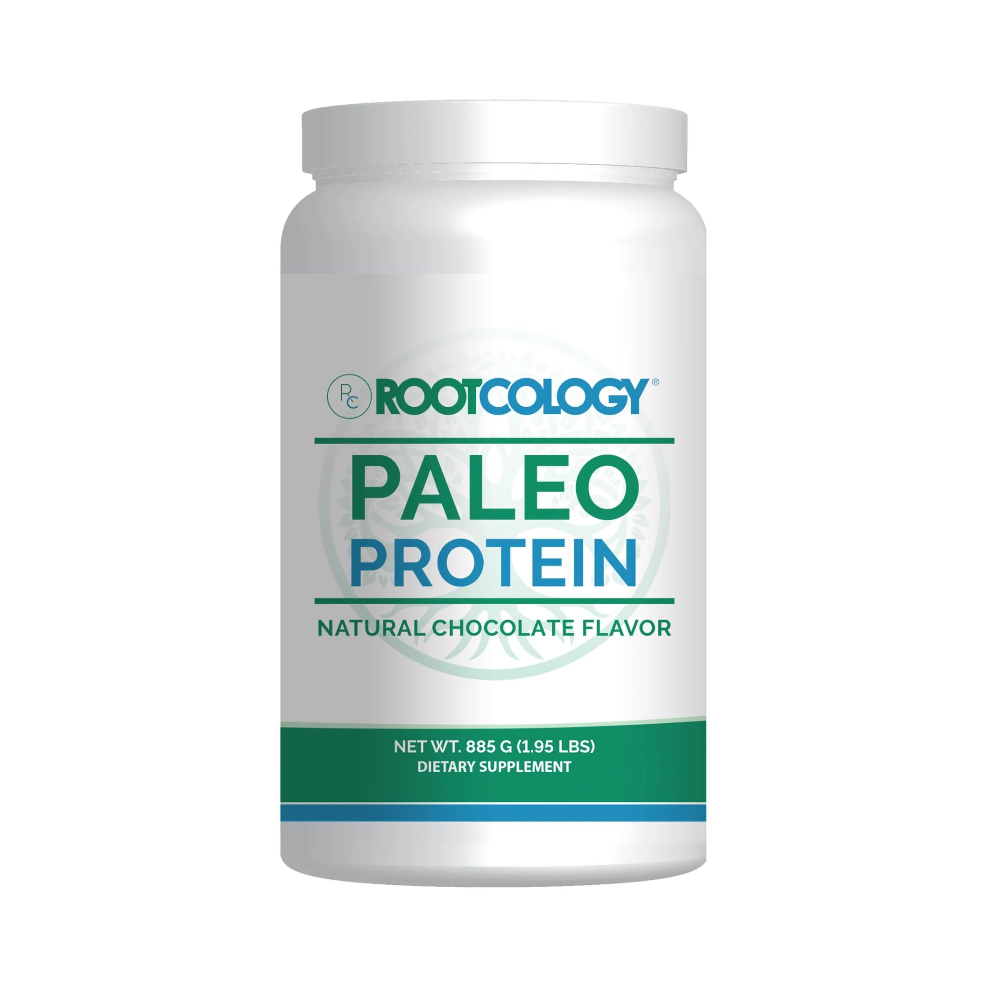 Rootcology Paleo Protein chocolate canister with scoop for convenient, dairy-free protein.