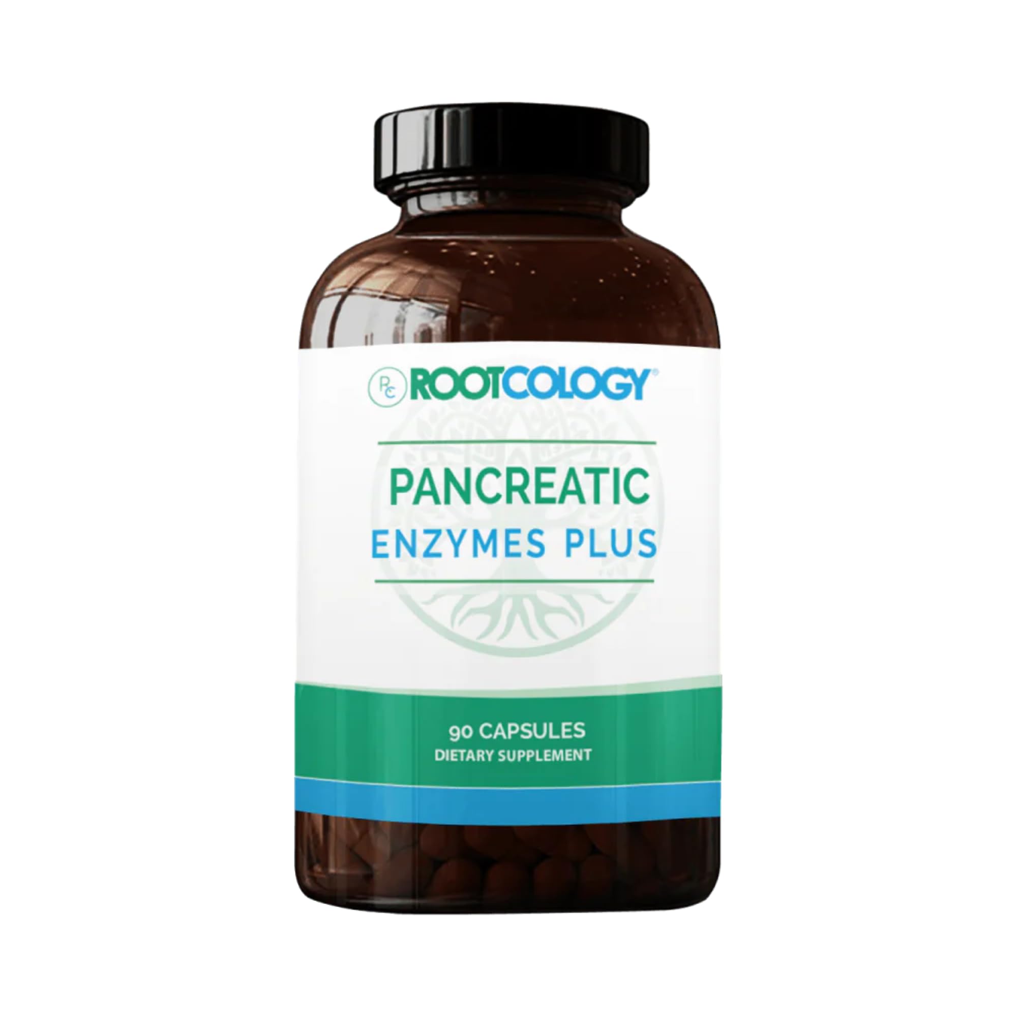 Rootcology Pancreatic Enzymes Plus bottle front with enteric-coated capsules for digestive support