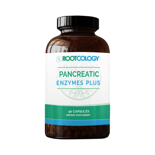 Rootcology Pancreatic Enzymes Plus bottle front with enteric-coated capsules for digestive support