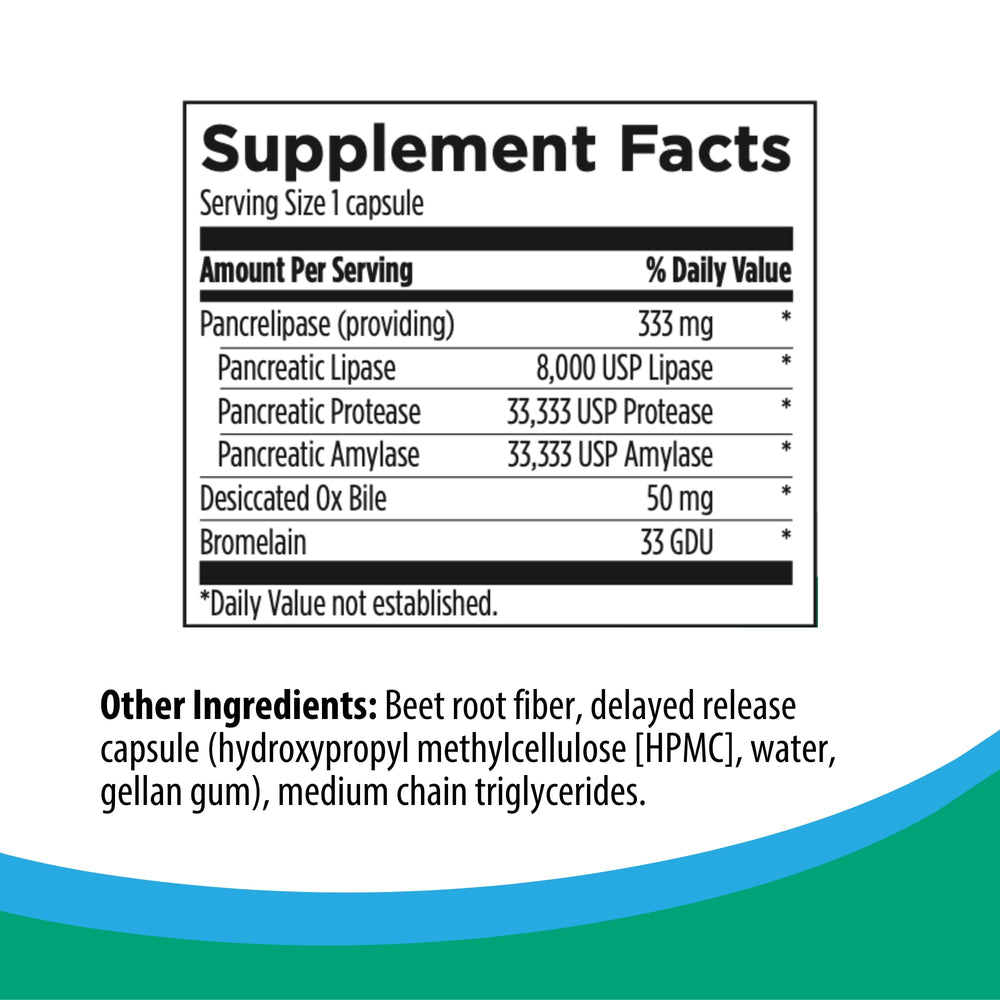 Rootcology Pancreatic Enzymes Plus label close-up highlighting enzyme blend