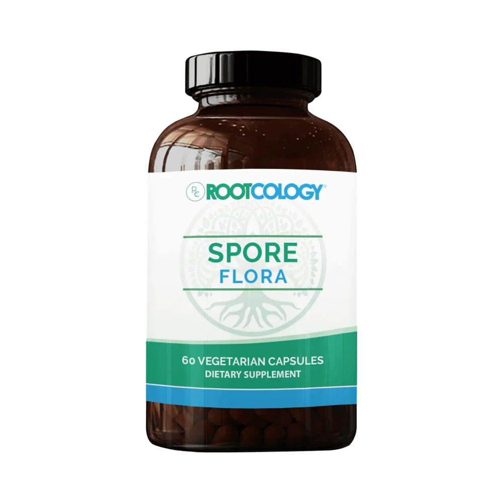 Rootcology Spore Flora bottle front highlighting five Bacillus strains for gut support