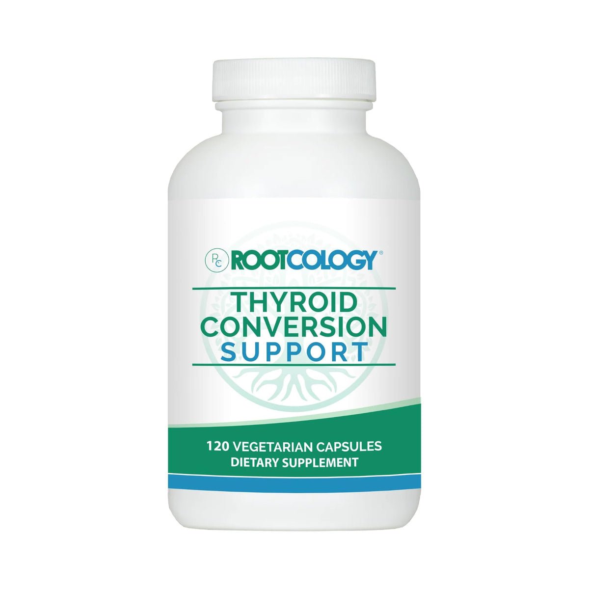 Rootcology Thyroid Conversion Support bottle showing capsules for balanced energy throughout the day.