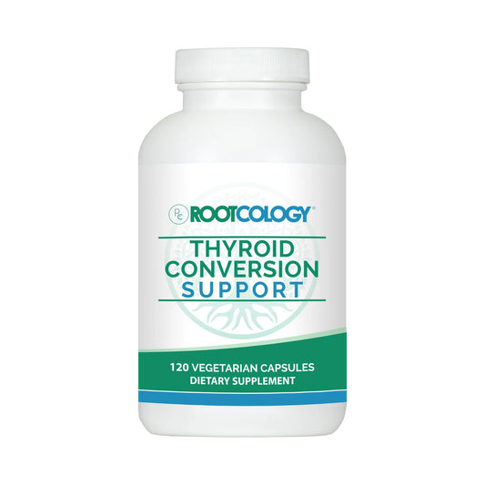 Rootcology Thyroid Conversion Support bottle showing capsules for balanced energy throughout the day.