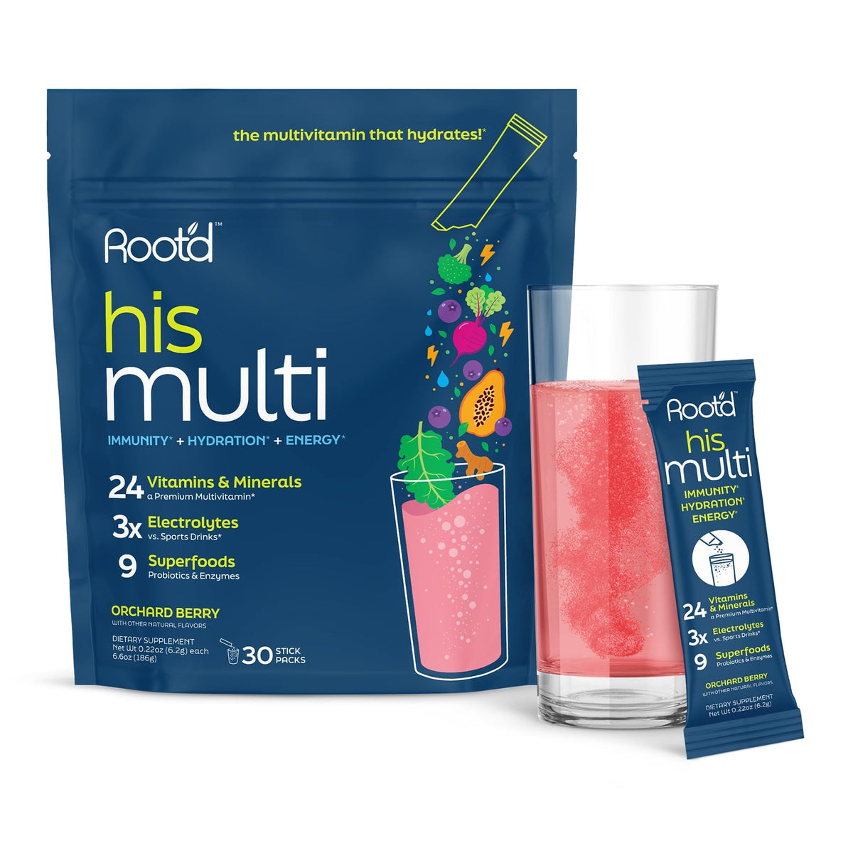 Root'd multivitamin powder bottle offers convenient daily nutrition for men.