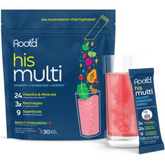Root'd Men multivitamin powder front packaging with sugar-free, hydration-ready formula.