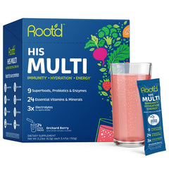 Root'd multivitamin powder being poured into a glass for hydration