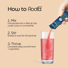 Root'd multivitamin powder scoop shown for easy mixing into drinks.