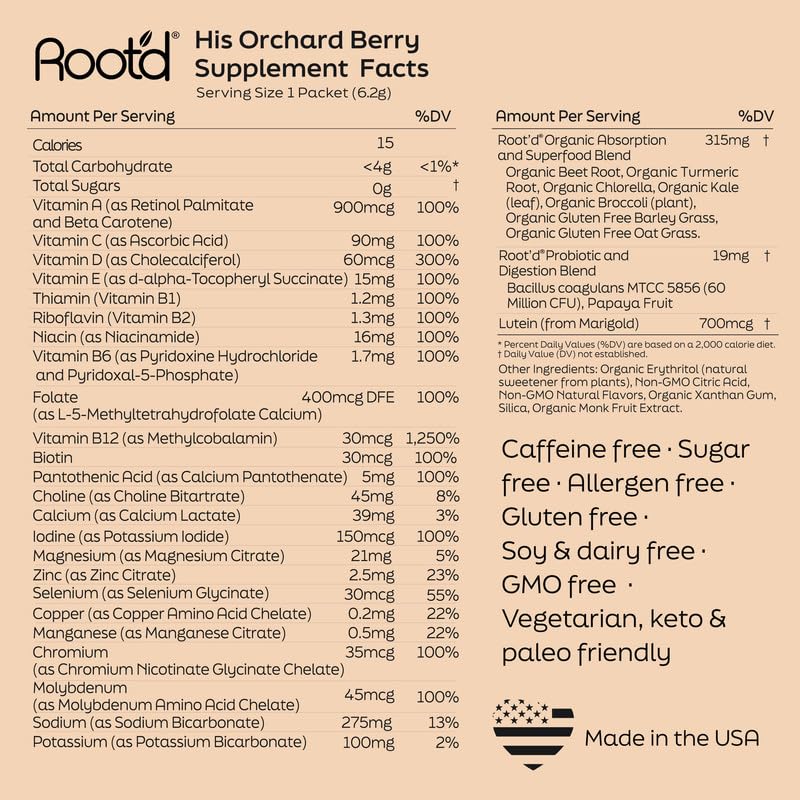 Root'd powder label emphasizes sugar-free, on-the-go nutrition.
