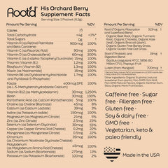 Root'd powder label emphasizes sugar-free, on-the-go nutrition.