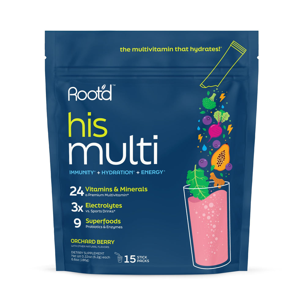 Root'd multivitamin powder tub with 24 vitamins for daily energy support