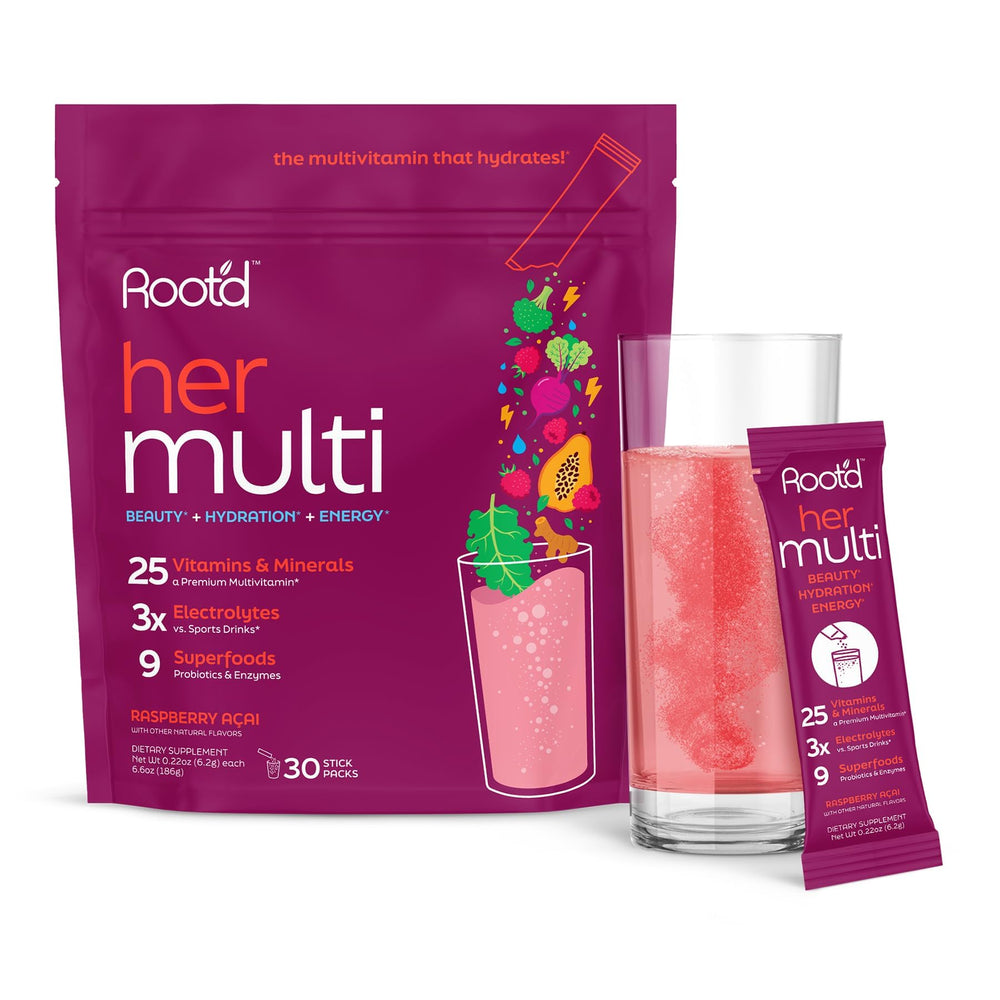 Root'd multivitamin powder bottle being poured for daily hydration and energy support