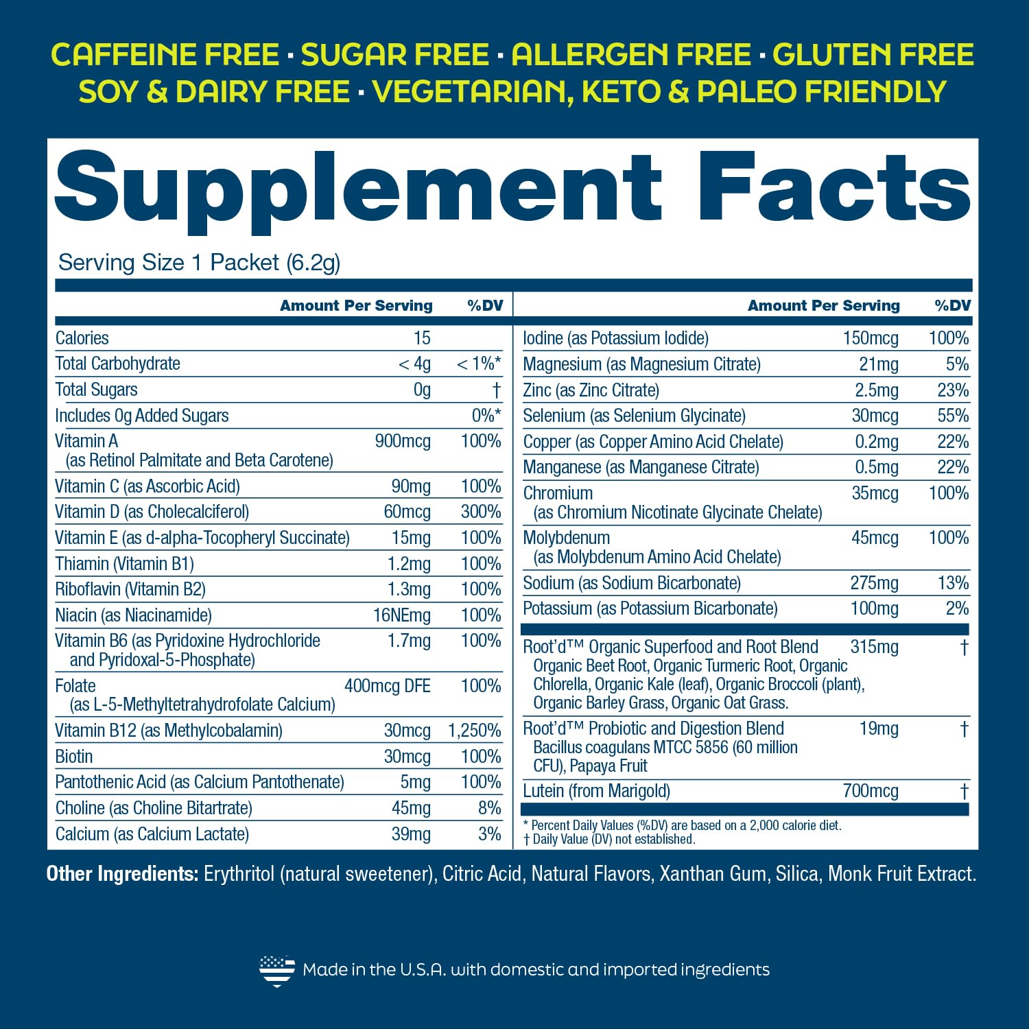 Root'd nutrition facts label shows sugar-free and allergen-free attributes