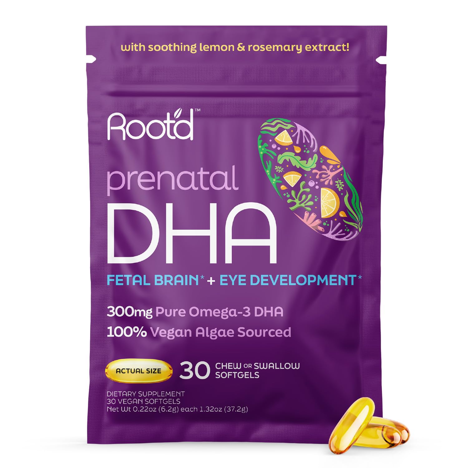 Root'd Prenatal DHA bottle closeup shows vegan omega-3 details