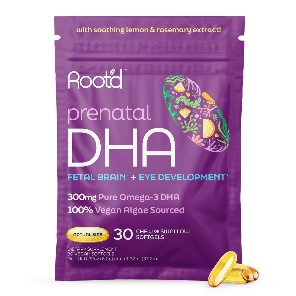 Root'd Prenatal DHA bottle closeup shows vegan omega-3 details