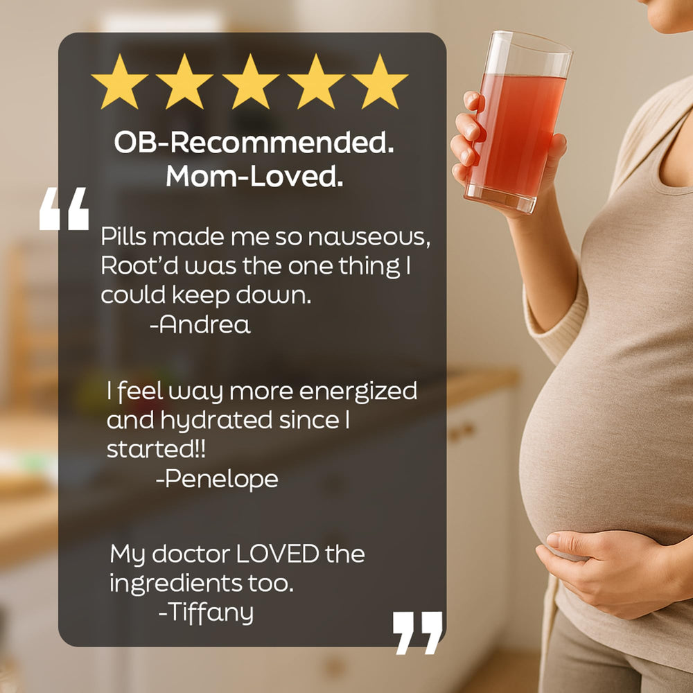 Root'd Prenatal Multivitamin Powder probiotic and superfood blend highlights digestive support.