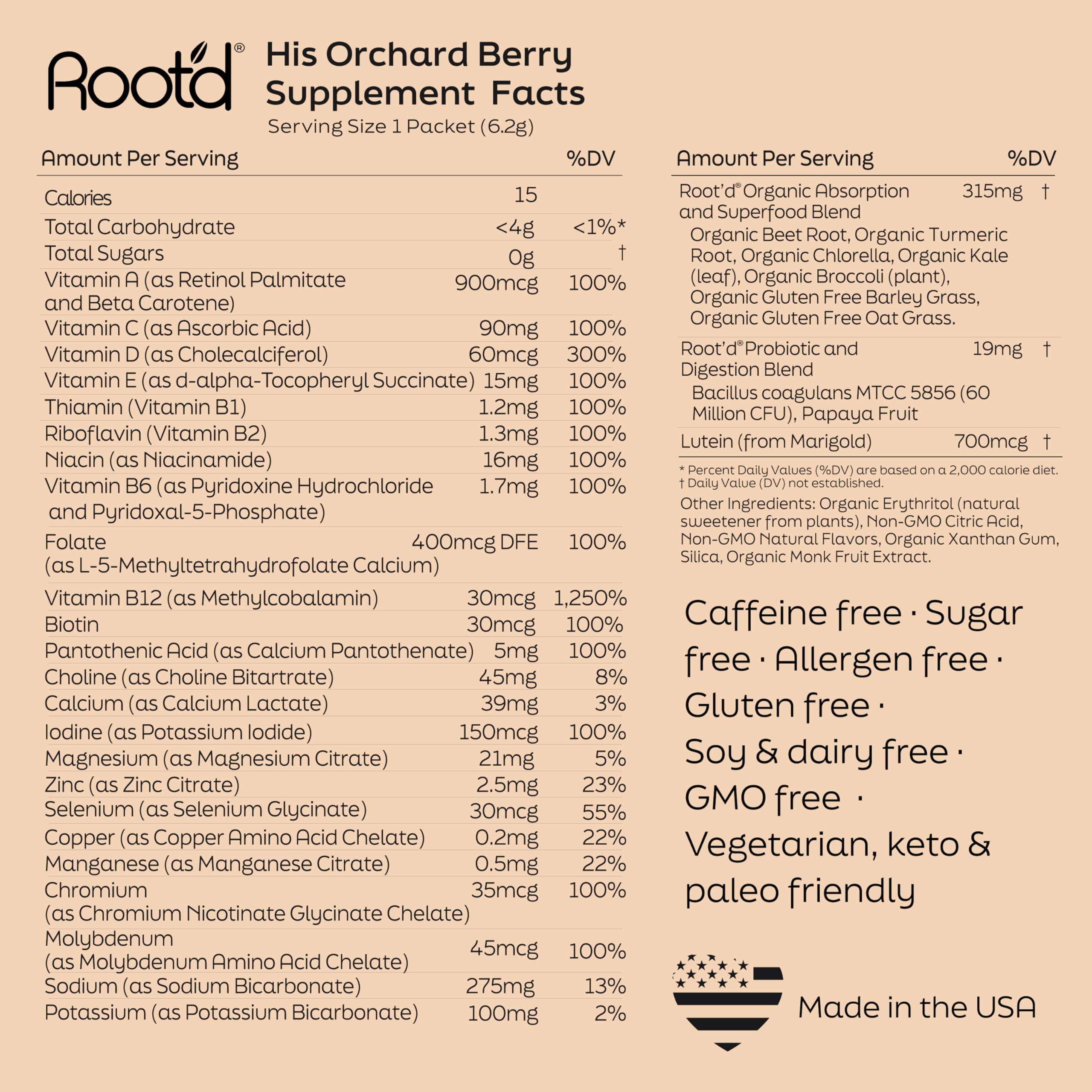 Root'd sugar-free formula label emphasizing gluten-free and allergen-free ingredients.