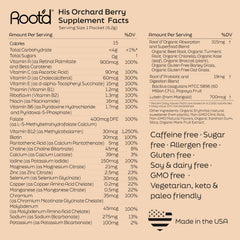 Root'd sugar-free formula label emphasizing gluten-free and allergen-free ingredients.