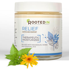 Rooted In Relief magnesium cream bottle and label highlighting 500 mg per teaspoon