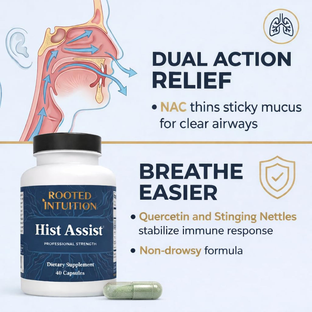 Rooted Intuition Hist Assist capsules close-up highlighting vegan non-GMO gluten-free formula