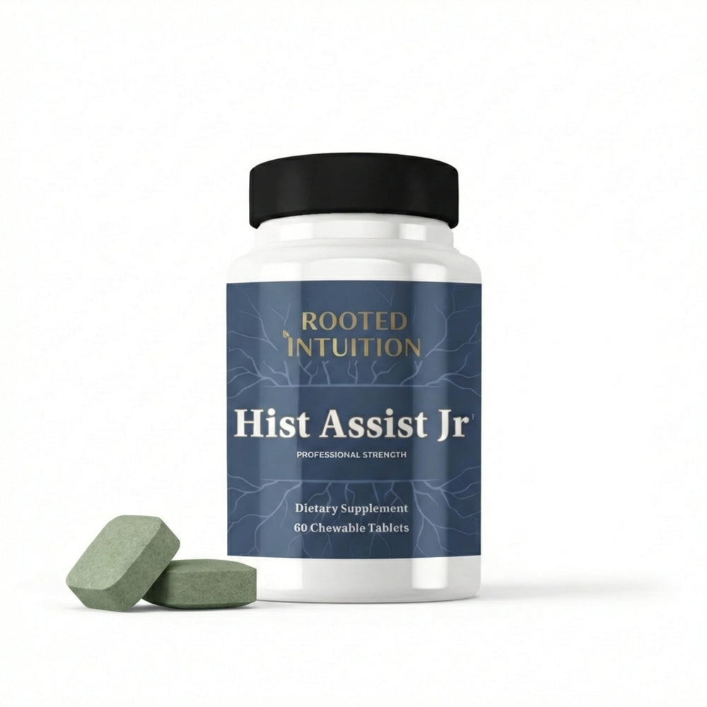 Rooted Intuition Hist Assist Jr bottle label with berry flavor for kid-friendly seasonal support