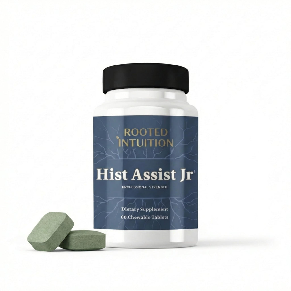 Rooted Intuition Hist Assist Jr bottle label with berry flavor for kid-friendly seasonal support