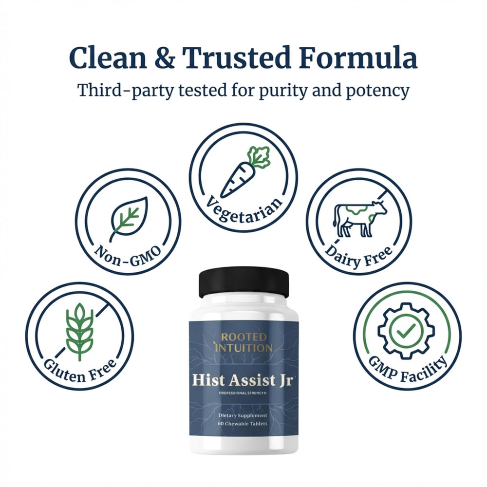 Rooted Intuition Hist Assist Jr vitamin C illustration emphasizes immune-support value