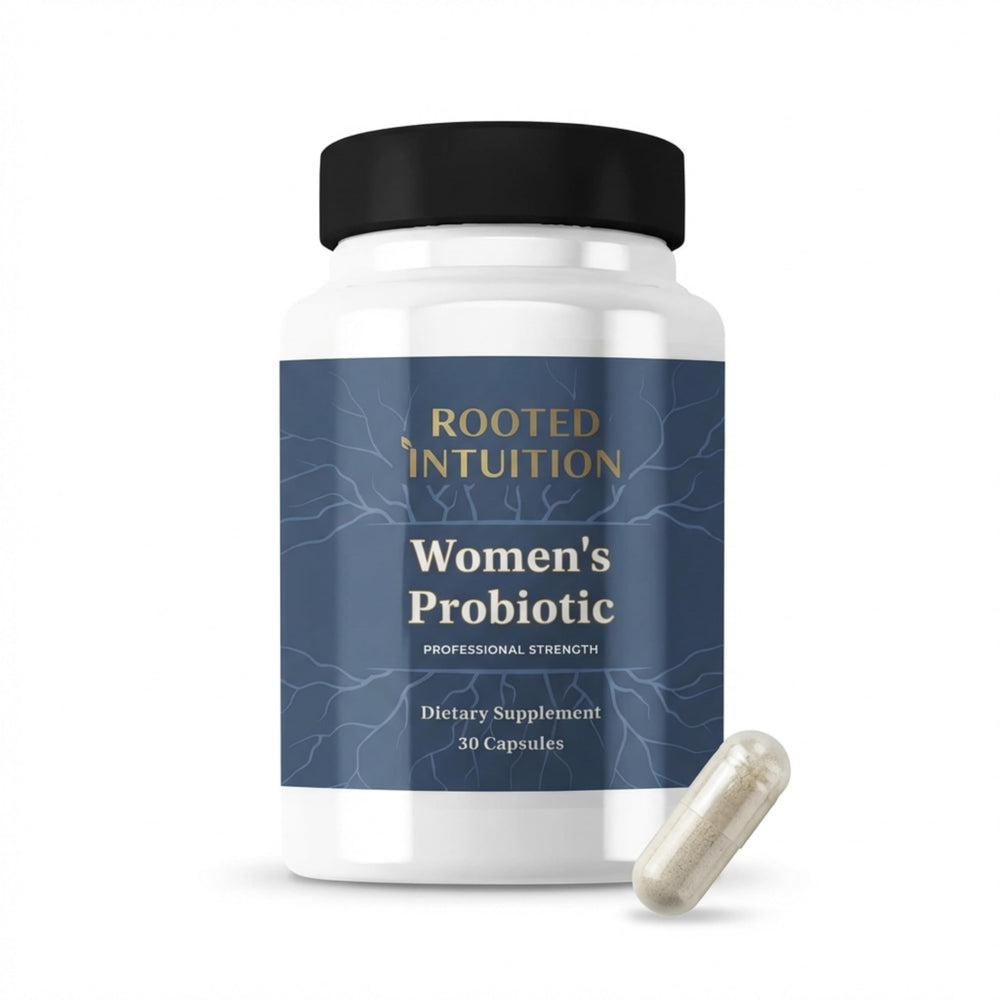 Rooted Intuition Women's Probiotic bottle front view for daily vaginal and urinary balance