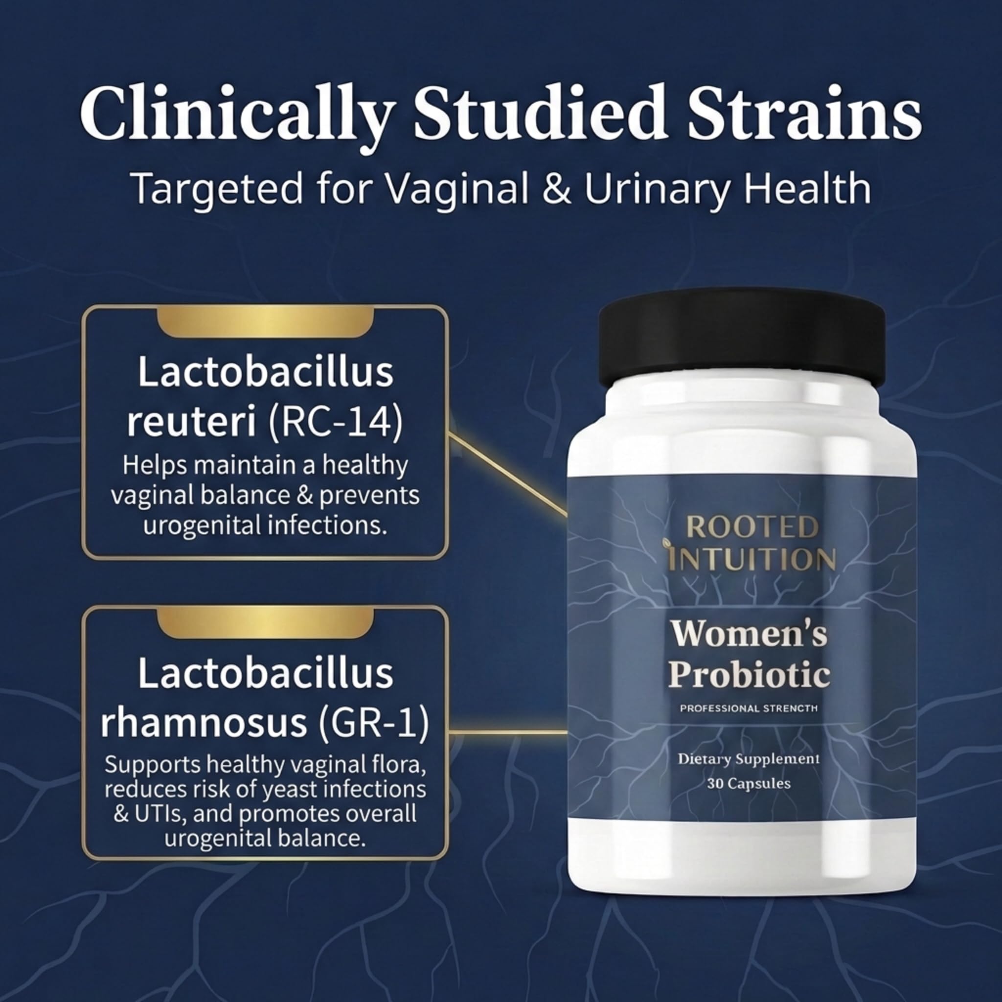 Rooted Intuition Women's Probiotic bottle pouring capsules into a hand