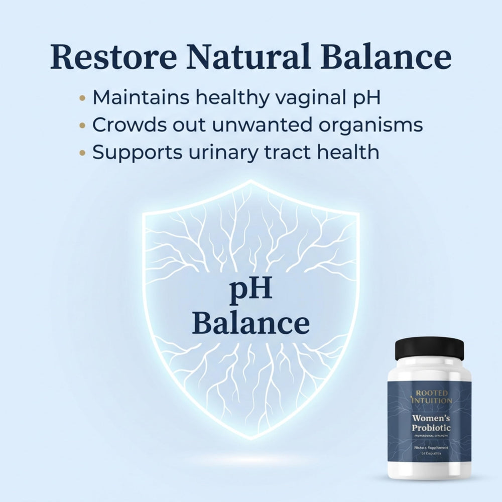 Rooted Intuition Women's Probiotic label close-up showing non-GMO and gluten-free notes