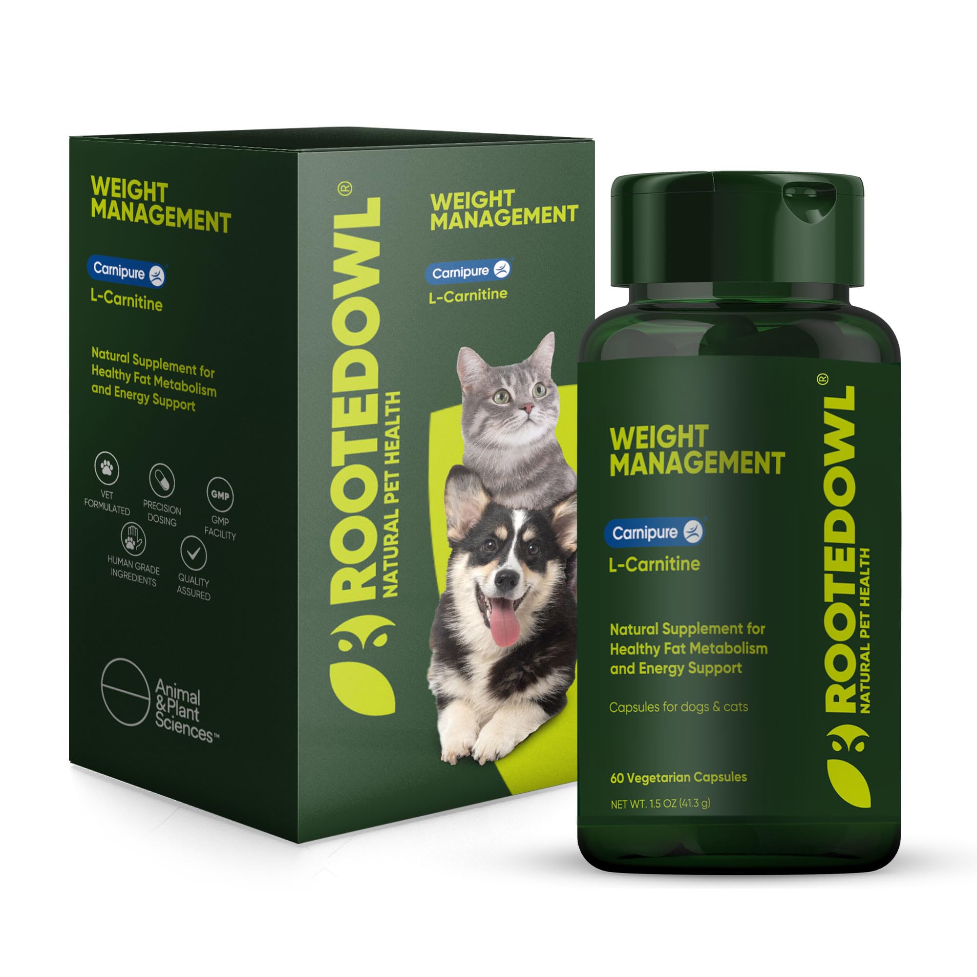 Rooted Owl Metabolism Support bottle for pets, promoting balanced energy metabolism.