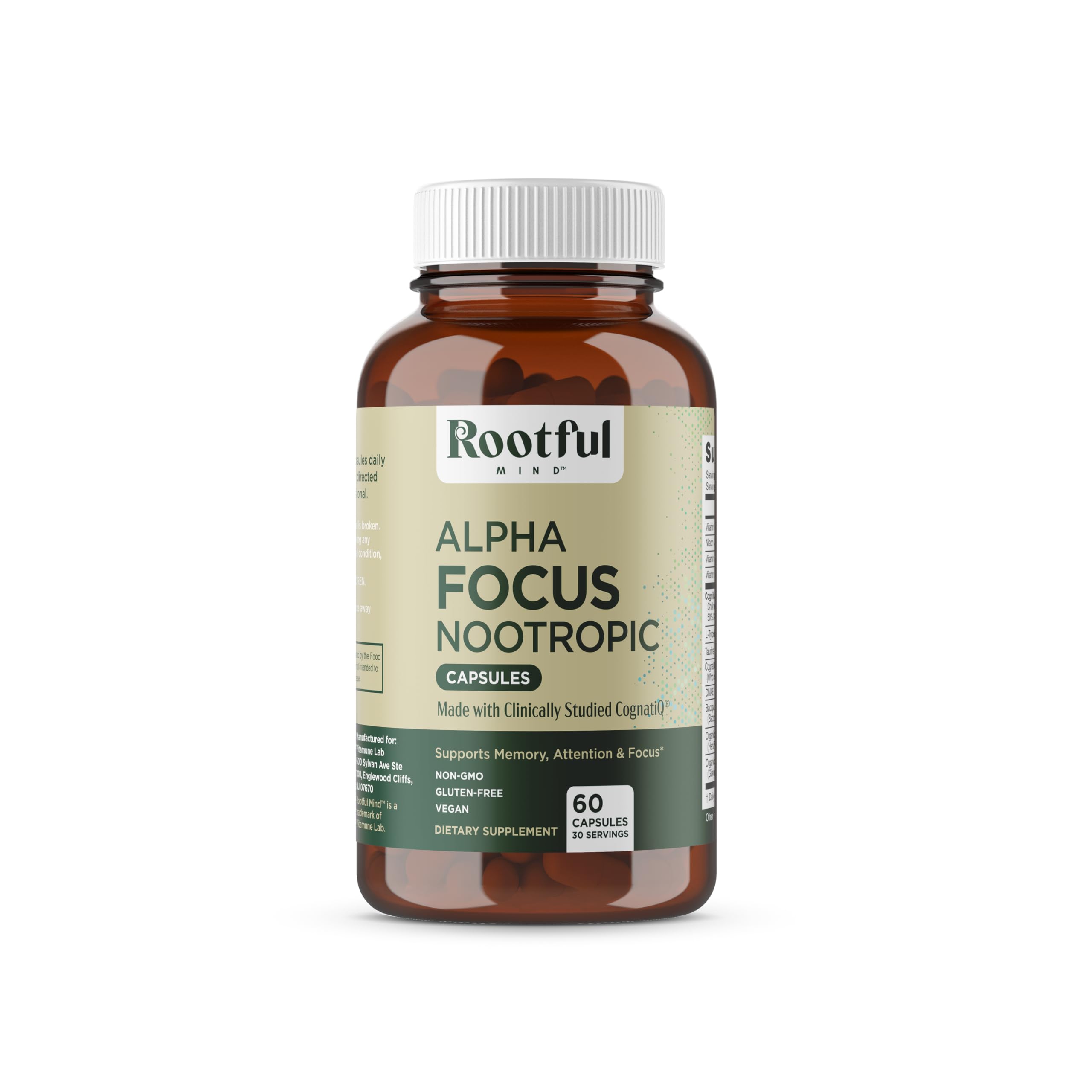 Rootful Mind Alpha Focus bottle label close-up supports mental clarity and daily focus.
