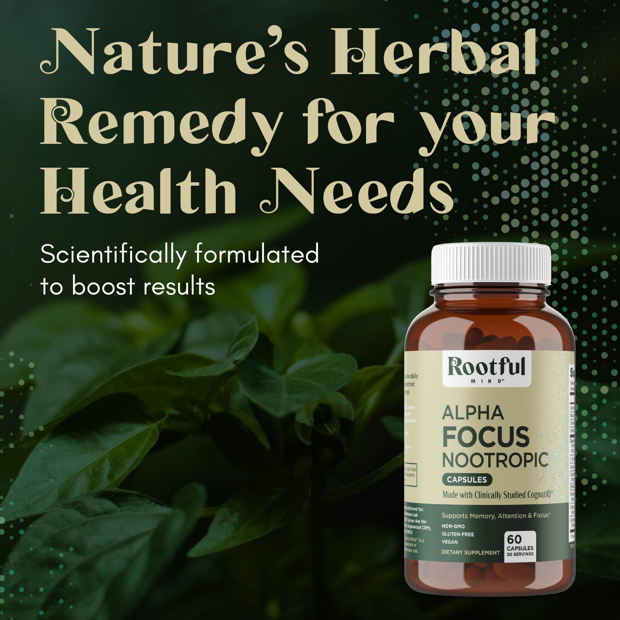 Rootful Mind Alpha Focus glass of water with capsules implies easy daily intake.