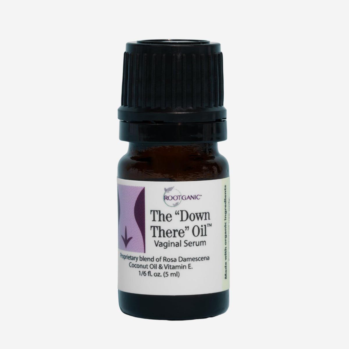Rootganic Down There Oil bottle and pour for external vulvar care and daily comfort.