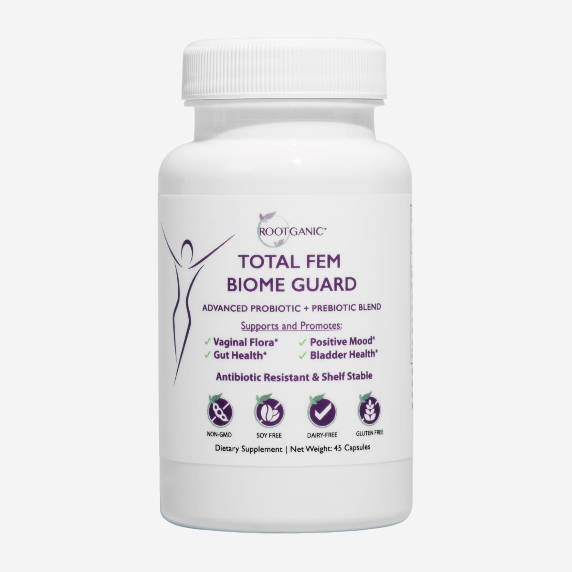Rootganic Total Fem Biome Guard bottle front view for daily gut balance