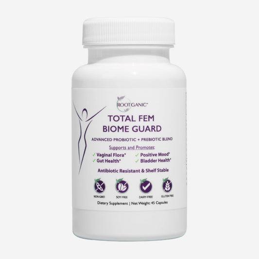 Rootganic Total Fem Biome Guard bottle front view for daily gut balance