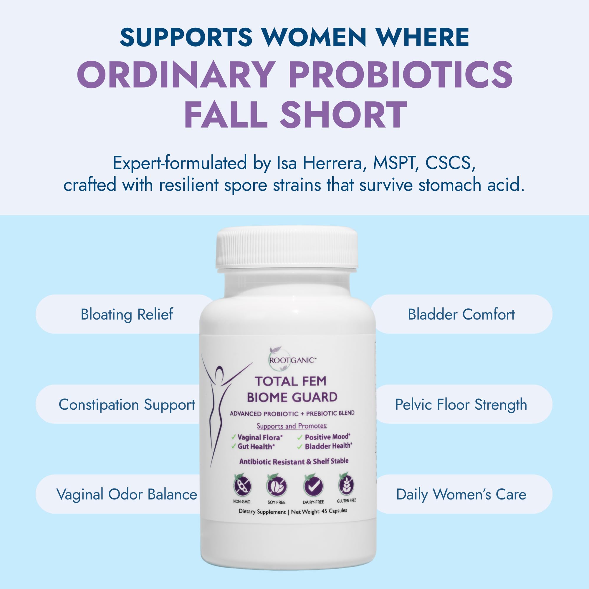 Rootganic Total Fem Biome Guard daily-use bottle suggesting a simple routine